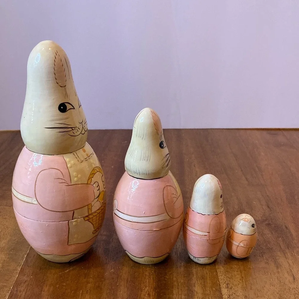 Vintage Matryoshika‎ Nesting Bunny Dolls Set of 4 Easter Pink Cream